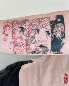 a woman's arm with an anime tattoo on it