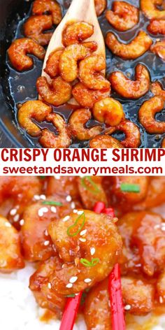 orange shrimp is being cooked in a skillet with chopsticks and sesame seeds