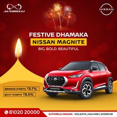 a red car with fireworks in the background and an advertisement for festive dhamaka nissan magnite