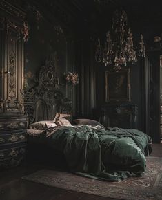 a bed sitting in a bedroom next to a dresser and window with chandelier hanging from the ceiling