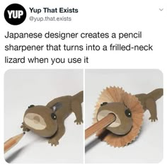 an image of a stuffed animal that is holding a pencil in it's mouth and the caption says, japanese designer creates a pencil sharpener that turns into a