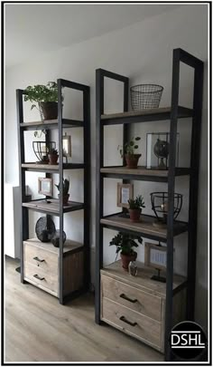 two shelving units with plants in them