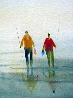 two men walking on the beach with fishing poles and buckets in their hands, watercolor painting