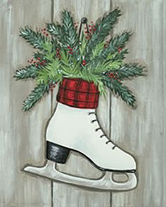 a painting of an ice skate with christmas decorations