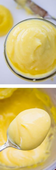 there is a spoon full of yellow liquid in the bowl and on the spoon are two different pictures