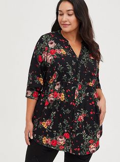 FIT Model is 5’8” wearing size 1. Babydoll tunic silhouette. . Relaxed around bodice. . Measures 34” from shoulder (size 2). . MATERIALS + CARE Crinkle Gauze woven fabric: Lightweight, textured, breathable and still totally opaque. . Stretch level: Minimum. 98% rayon, 2% spandex. . Dry clean only. Imported. DETAILS Collarless neckline. Long sleeves. Floral print. . WHY WE LOVE IT It's a flattering babydoll style tunic with a relaxed fit—what more can you ask for? . The best plus size women's emm Tunic Crinkle, Flowy Shirt, Babydoll Style, Flannel Tops, Long Sleeve Flannel, Babydoll Top, Long Sleeve Tunic, Work Outfits, Tunic Top