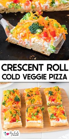 a pizza with cheese, broccoli and carrots on it is cut into squares