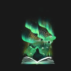 an open book sitting on top of a table next to a bear and aurora lights