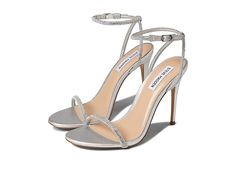 Steve Madden Breslin Heeled Sandal - Women's Shoes : Silver : Enter any room accompanied by subtle sparkle with the Steve Madden Breslin Heeled Sandal, a dainty-strapped evening shoe with thin, rhinestone-embellished straps atop an elegant stiletto heel. Open almond toe and microsuede uppers. Adjustable buckle strap at ankle. Synthetic lining, insole, and sole. Imported. Measurements: • Heel: 4 in. Weight of footwear is based on a single item, not a pair. Silver Elegant Shoes, Steve Madden Silver Rhinestone Heels, Silver Strapped Heels, Silver Ball Shoes, Heels For Mini Prom, Silver Hills Shoes, Silver Heeled Sandals, Steve Madden Silver Heels, Elegant Silver Heels