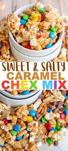 sweet and salty caramel chex mix in two white bowls on top of each other