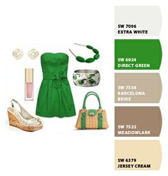 a green dress with matching accessories is featured in this color scheme