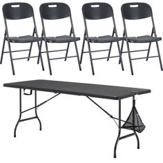 four folding chairs and a table with black plastic seats on each side, set against a white background