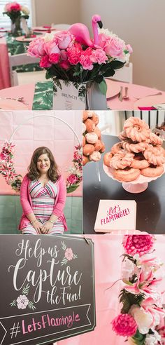 a collage of photos with pink flowers, donuts and other things on the table