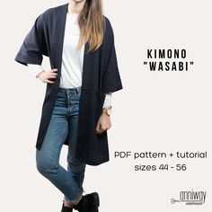 "\"WASABI\" is a casual kimono without a front clasp. It is a nice  mix of a blouse and a cardigan. There are two length variations. The kimono is not only suitable for the summer. It can also be made up in wool, velvet or sweater fabrics for a winter look - a cardigan with a difference. Other features include the seam pockets in the separating seam, the shawl collar and the style lines on the sleeve. This ebook contains a multi-size pattern in PDF form and A4 paper size to print and tape at home. Alternatively, you also receive the pattern in A0 paper size and print it in a copy shop. The pattern comes with detailed, illustrated sewing instructions. Tips on fitting the pattern are included. The pattern is suitable for knowledgeable beginners and intermediate sewers. To ensure a better ove Patron Kimono, Women Sewing, Body Measurement Chart, Women's Sewing Pattern, Casual Kimono, Kimono Pattern, Womens Sewing Patterns, Short Kimono, Long Kimono