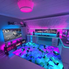 the room is lit up with neon lights and hexagonal tiles on the floor