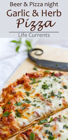 two slices of garlic and herb pizza on a cutting board