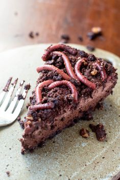 a piece of chocolate cake on a plate with a fork