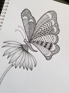 a drawing of a butterfly on top of a white paper with a flower in the foreground