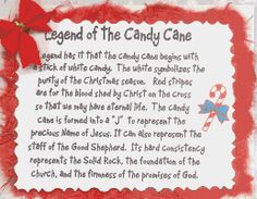 the legend of the candy cane poem is shown in red and white with an ornament on it