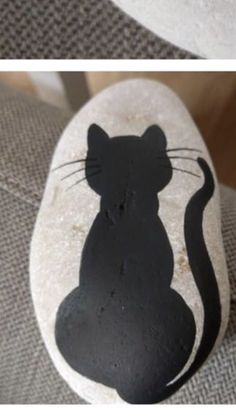 two pictures of black and white cat painted on rocks, one in the shape of a mouse