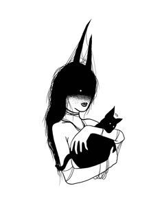 a black and white drawing of a woman holding a cat with long hair on her chest