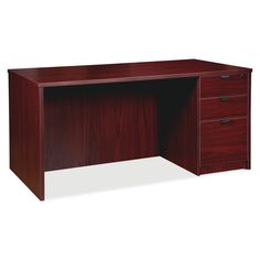 an office desk with two drawers and one file cabinet on the top, in mahogany