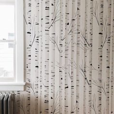 the wall paper has been designed with black and white birch trees on it, along with a radiator