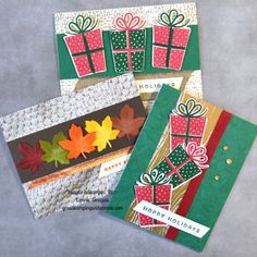 three christmas cards with gift boxes and fall leaves on them, all decorated in different colors