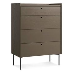 the chest of drawers is made from wood and has four drawers on one side, with three