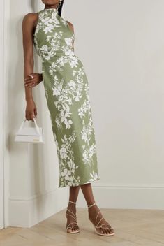 This reformation 'casette' dress is perfect for summer weddings and garden parties.  100% certified sage green linen, with white floral motifs that have been printed and finished in la. gathered at the waist for shape. crossover straps elegantly frame the cutout at the back. concealed zip and hook fastening at the back. Sage Green Dress Floral, Bridesmaid Dresses Floral Print Green, Sleeveless Green Floral Maxi Dress, Green Floral Print Satin Dress, Reformation Juliette Dress Green, Floral Green Dress, Sage Green Runway, Reformation Green Floral Dress, Garden Wedding Dress Guest