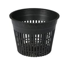 a black plastic basket with holes on the side and bottom, in front of a white background