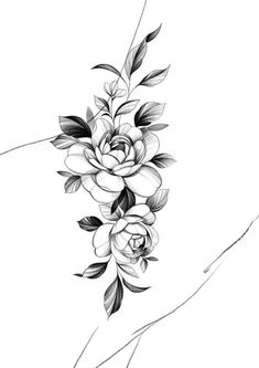 a black and white drawing of flowers on a branch