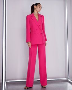 Three piece pantsuit for women: wide leg pants with high rise, Crop bustier top and lined blazer Please note suit measurements  Pants length outerseam is 45,6 inches or 116 cm Sleeve length 24 inches or 61 cm Blazer length 29,1 inches or 74cm Our Womens Blazer Trouser Suit for office, business meetings, formal events and special occasions. Also perfectly combines with sneakers so after a long and tiring business day you can change you heels to sneakers and still look chic. DETAILS -  wide leg pants -  high rise -  blazer is buttoned -  lined -  side pockets -  relaxed fit -  single breasted - crop top  MATERIAL Premium quality suiting fabric, consists of viscose, elastane and polyester  SIZES The model in photos is wearing a size S Available in 4 sizes: 2 US numeric  BUST 32-34 inches or 8 Spring Party Pantsuit With Suit Collar, Pink Suits For Spring Evening, Elegant Pink Wide Leg Pants For Party, Pink Long Sleeve Pantsuit For Evening, Pink Fitted High-waisted Pants Set, Pink Fitted Sets With High-waisted Pants, Evening High-waisted Pink Pants, Pink High-waisted Evening Pants, Spring Evening Pantsuit With Notch Lapel