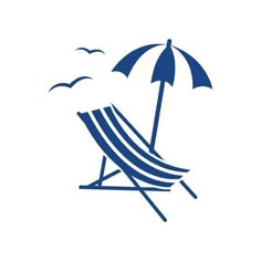 a beach chair with an umbrella and seagulls in the sky on a white background