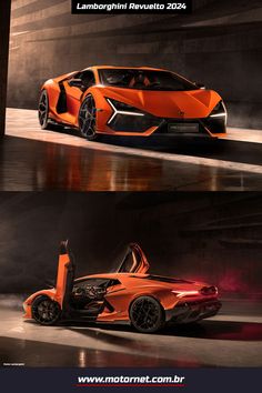 an orange sports car is shown in three different angles, with the doors open and the door