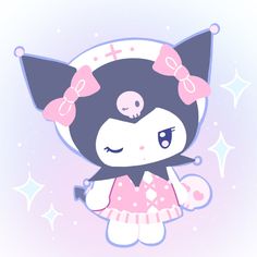 a cartoon cat with a pink dress and bow on it's head, standing in front of stars