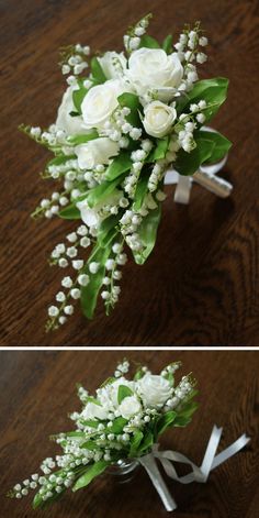 wedding bouquets with white roses and baby's breath flowers on the bottom left