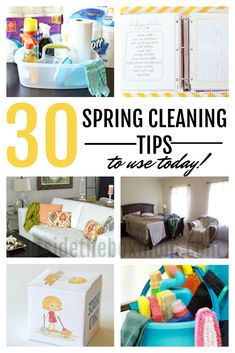 the words spring cleaning tips to use today are in yellow and white with pictures of various items