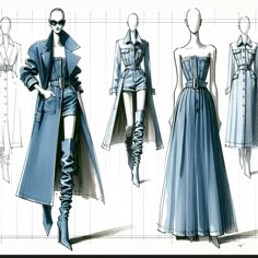 sketches of dresses and jackets for women in blue