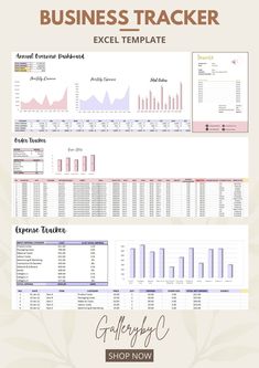 the business trackerr excel template is shown in two different colors and sizes, with text below