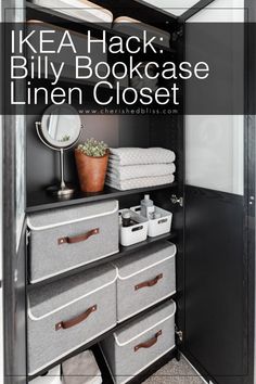 an organized closet with linen storage bins and baskets on the bottom shelf is featured in this article