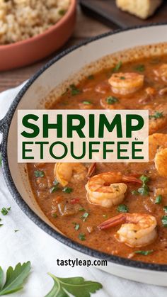 shrimp etouffe in a white bowl with the words shrimp etoufe above it