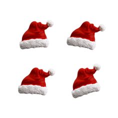 four red and white santa hats on top of each other