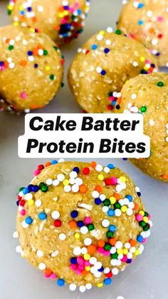 cake batter protein bites on a plate with sprinkles