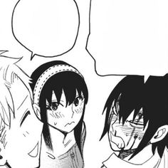 two anime characters are talking to each other with speech bubbles above their heads and one has his eyes closed