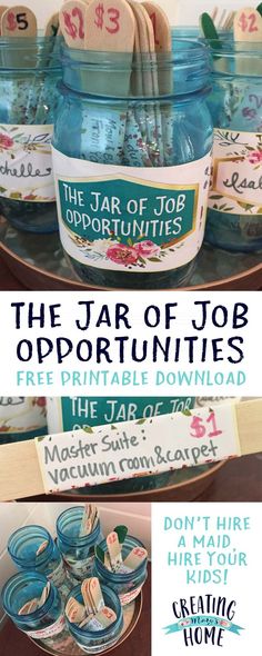 the jar of job opportunity printables are on display in jars with labels and magnets