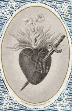 a drawing of a heart with flowers and a knife in it's center, surrounded by lace