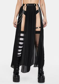 Harness Skirt, Black Rave Outfits, Rave Outfits Plus Size, Rave Attire, Rave Skirt, Raven Cosplay, Collars Diy, Chiffon Maxi Skirt, Split Skirt