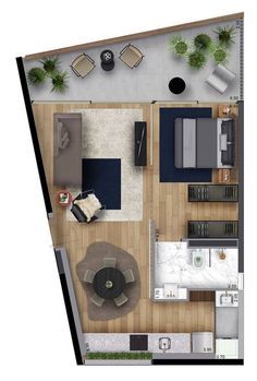 an overhead view of a living room and dining area in a small apartment with wood flooring