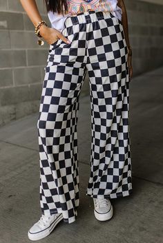 $5.75 Black 2-Tone Checked Print High Waist Wide Leg Pants Wholesale Checkerboard Pants, Checkered Pants, High Waist Wide Leg Pants, Skirts Midi High Waisted, Checker Print, Print Pants, Plaid Pants, Pocket Pants, Checkered Pattern